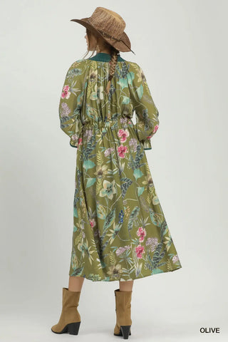 Olive Botanical Floral Print Belted Midi Dress