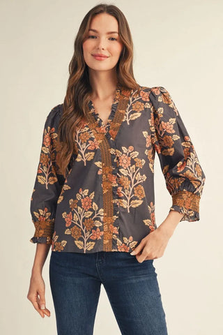 Mocha Floral Top with Ruffle, Embroidered Smocking Detail