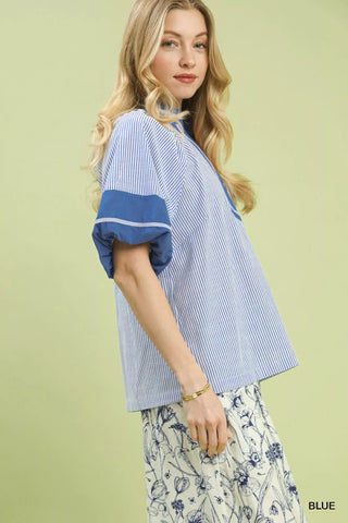 CURVY BLUE STRIPED MIXED PUFF SLEEVE BLOUSE