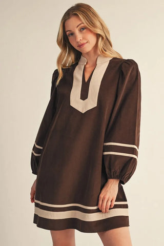 Puff Shoulder Corduroy Color Contrast Dress w/ Pockets
