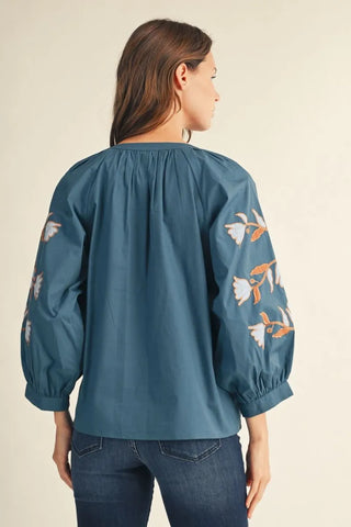Teal Notched V-neck Top with Embroidered Baroque Floral Applique