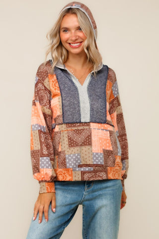 Curvy Boho Patchwork Top W/ Hoodie Final Sale