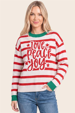 "Love, Peace, Joy" Striped Crewneck Sweater