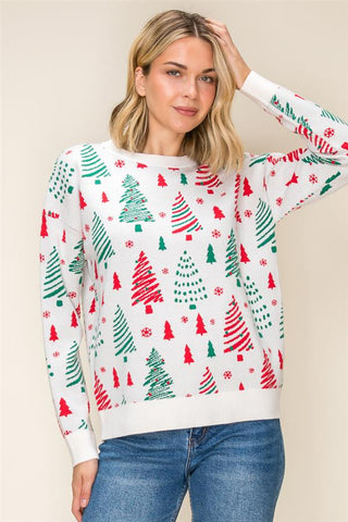 Ivory Jacquard Christmas Tree Crew Neck Sweater