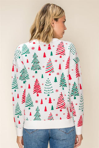 Ivory Jacquard Christmas Tree Crew Neck Sweater