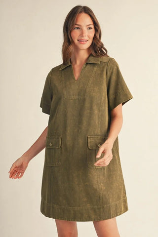 Olive Short Sleeve Garment Washed Casual Shift Dress
