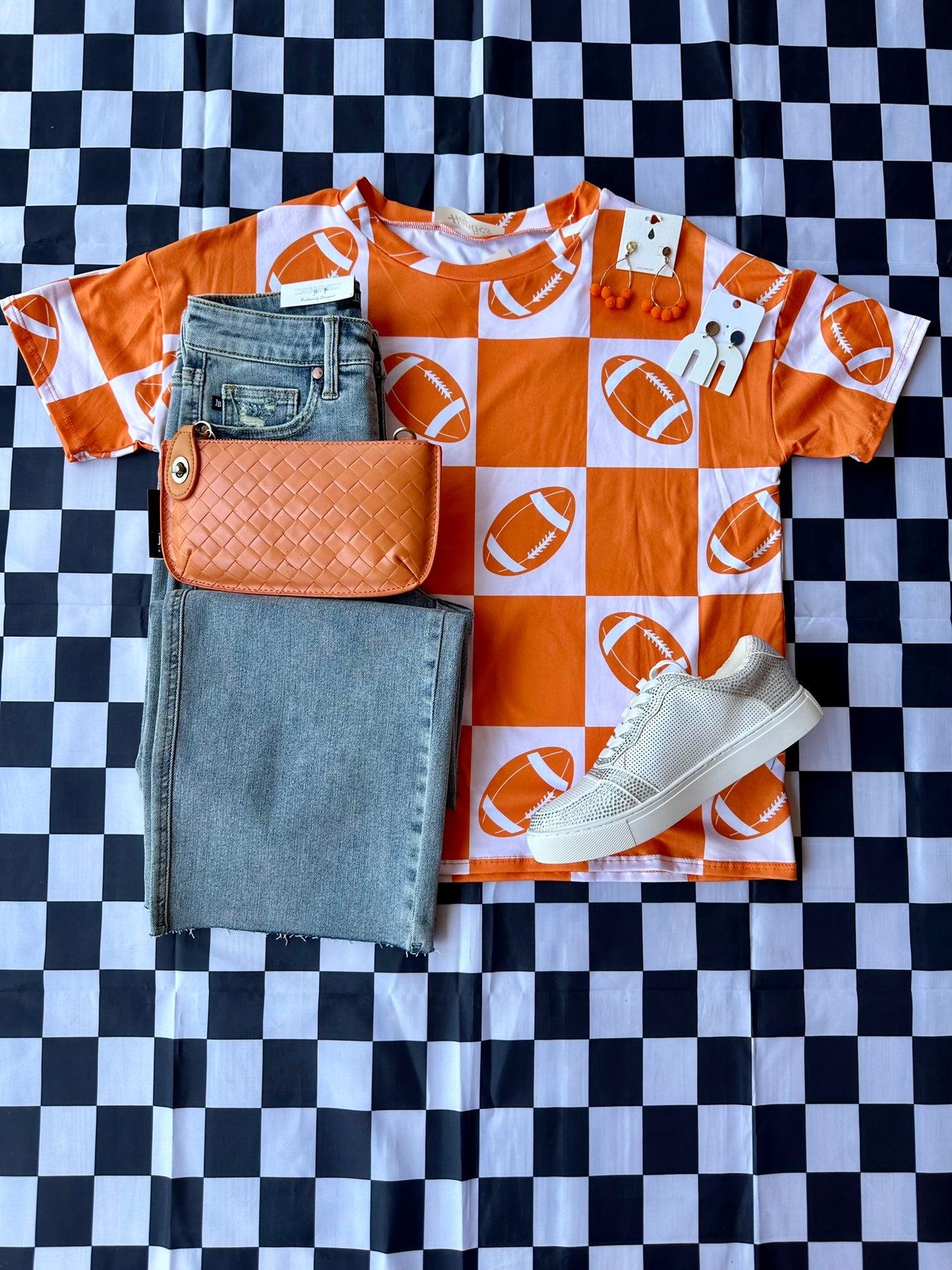 ORANGE GAME DAY FOOTBALL, CHECKER PRINT KNIT TOP