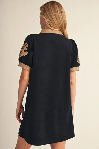 Black Puff Sleeve Button Down Faux Suede Dress w/ Pockets