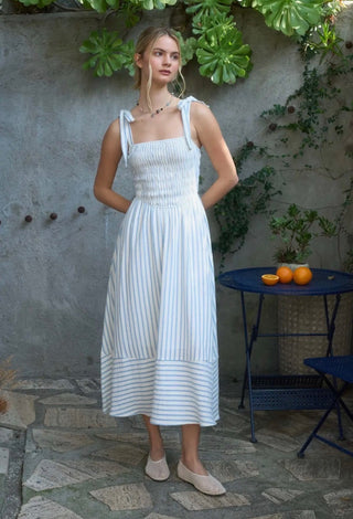 Blue Stripe Smocked Tie Strap Basque Waist Maxi Dress FINAL SALE