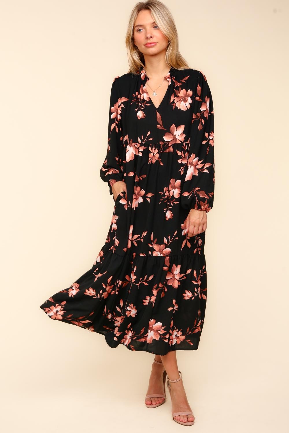 CURVY BLACK/RUST FLORAL BABYDOLL WOVEN MAXI WITH SIDE POCKETS