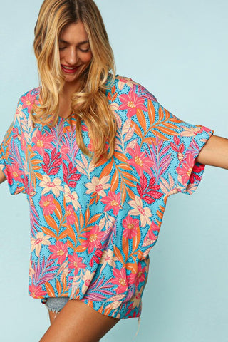 CURVY TROPICAL FLORAL DROP SHOULDER WOVEN TOP Final Sale