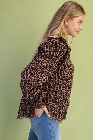 Leopard Collarless Lightweight Jacket w/ Ruffled Shoulders Final Sale