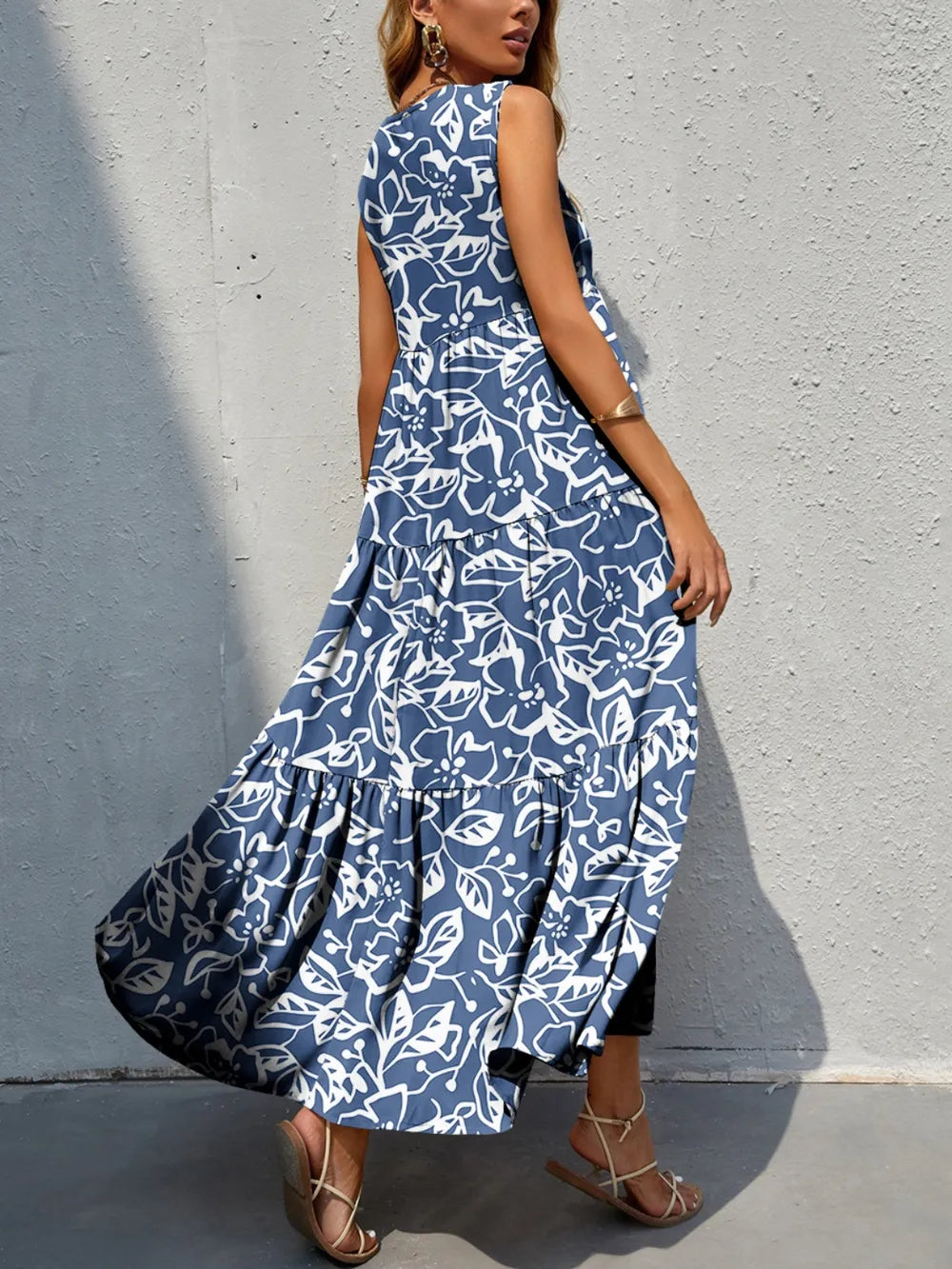 Dusty Blue Tiered Printed V-Neck Sleeveless Dress Final Sale