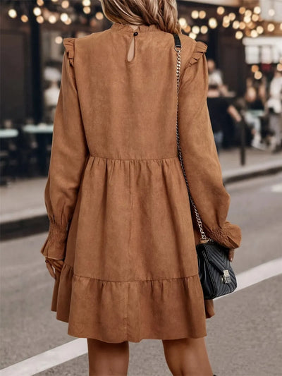 Caramel Frill Round Neck Long Sleeve Mini Dress