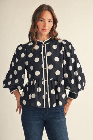 Black 3/4 Puff Sleeve Button Down Polka Dot Peplum Blouse