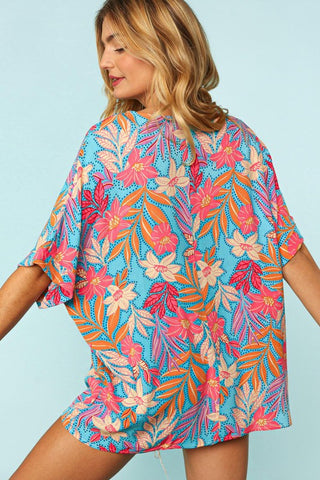 CURVY TROPICAL FLORAL DROP SHOULDER WOVEN TOP Final Sale