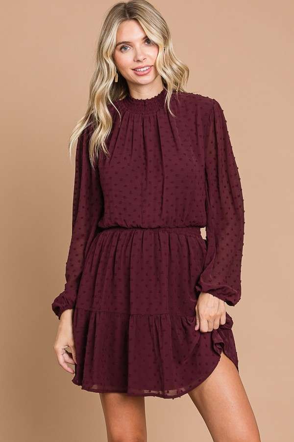 Burgundy Smock Neck Mini Dress