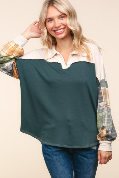 CURVY COLLARED NOTCH NECK COLOR BLOCK PULLOVER TOP