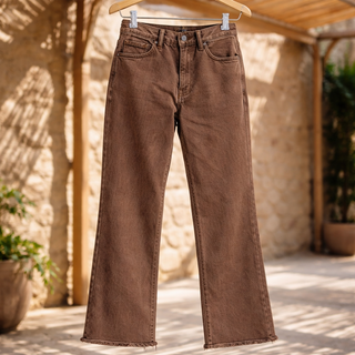MAHOGANY WASHED HIGH WAIST FRAYED HEM BOOTCUT PANTS