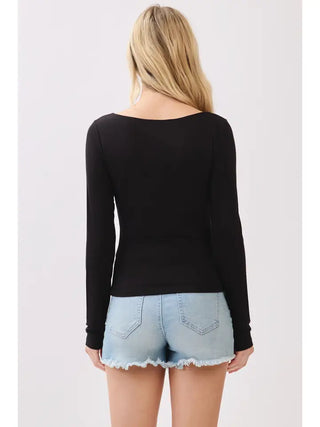 Black Double Layer Square Neck Long Sleeve Basic Top