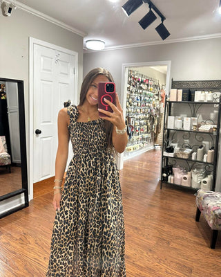 Leopard Printed Lined Midi Dress with Smocked Top and Ribbon Shoulder Ties FINAL SALE