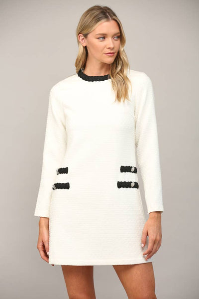 Cream/Black Braided Trim Detail Tweed Dress by Fate