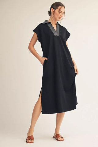 Black Drop Shoulder Solid Midi Dress w/ Pockets