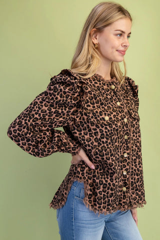 Leopard Collarless Lightweight Jacket w/ Ruffled Shoulders Final Sale