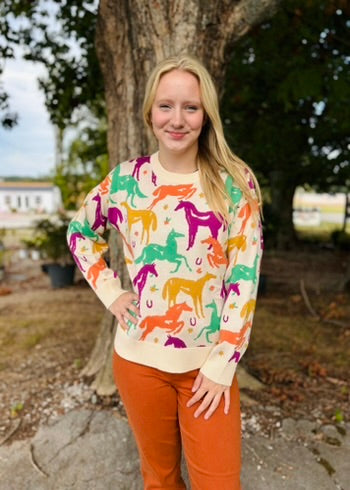 Ivory/Multi Horse Patterned Sweater