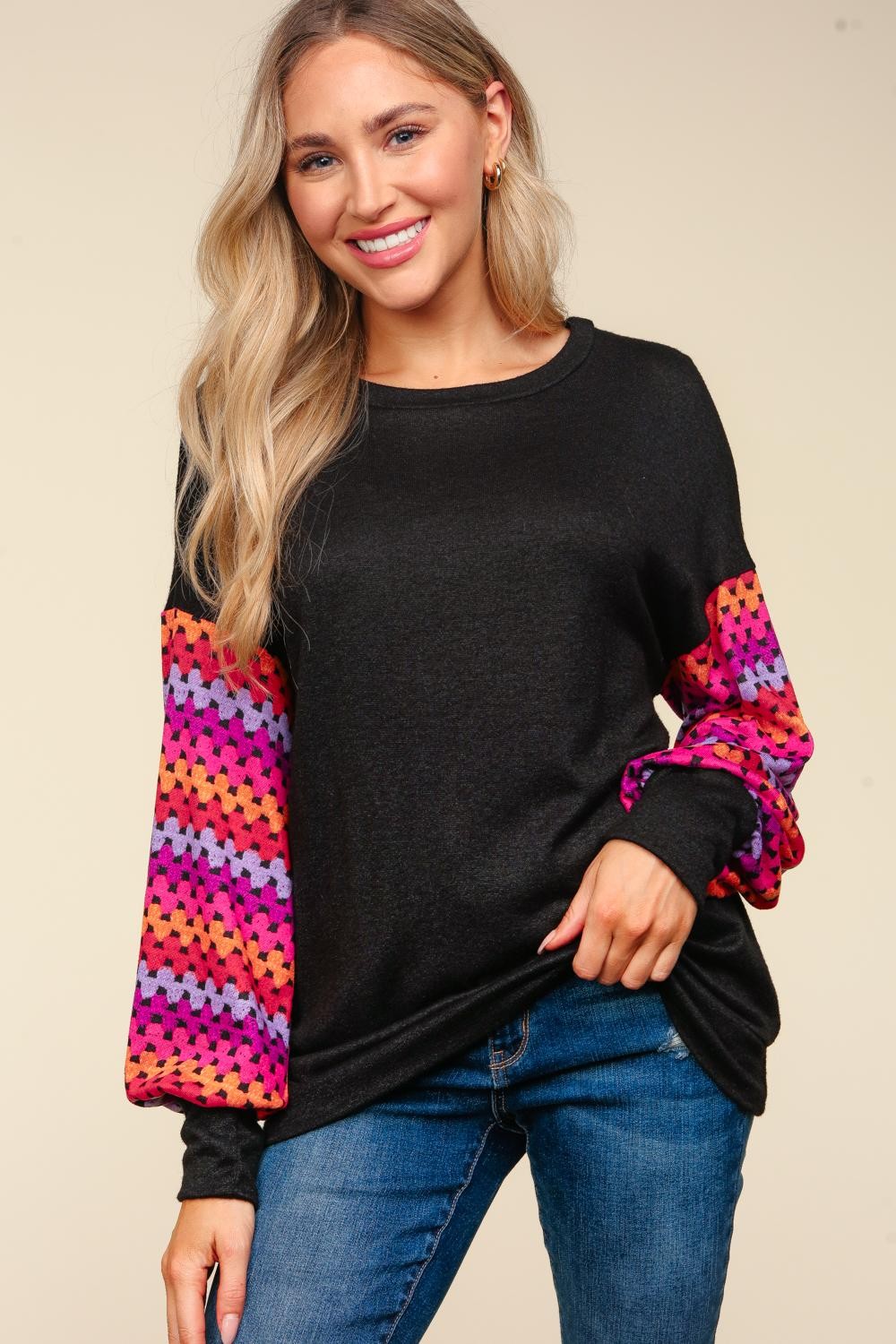 CURVY MULTICOLOR CROCHET PRINT LONG SLEEVE TOP