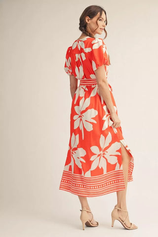 Orange Short Puff Sleeve Tropical Midi Dress FINAL SALE