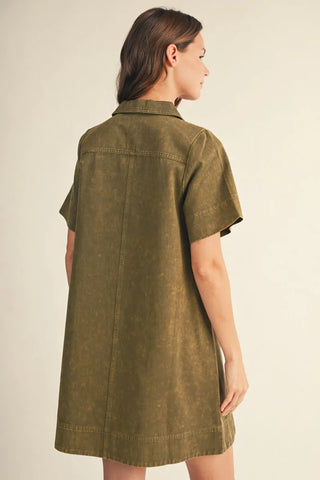 Olive Short Sleeve Garment Washed Casual Shift Dress