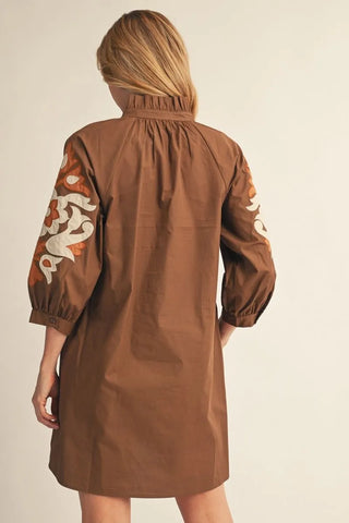 Brown 3/4 Sleeves Baroque Applique Dress