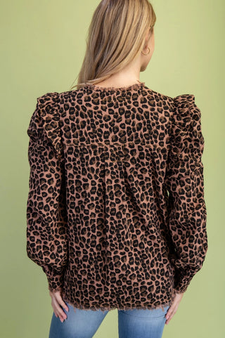 Leopard Collarless Lightweight Jacket w/ Ruffled Shoulders Final Sale