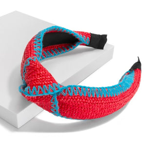 Solid Color Knotted Straw Headband With Contrast Border Stitching