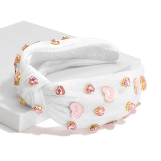 Knotted Velour Headband With Rhinestone Hearts and Enamel "Love" Heart Details