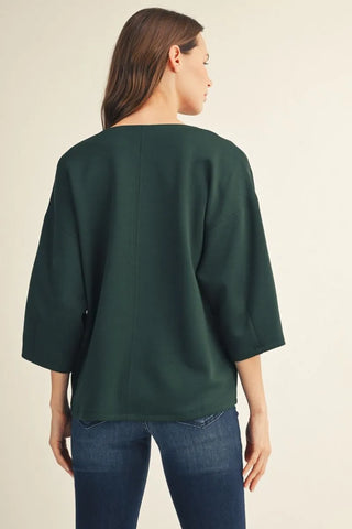 Curvy Hunter Green Drop Shoulder 3/4 Sleeve Solid V Neck Top