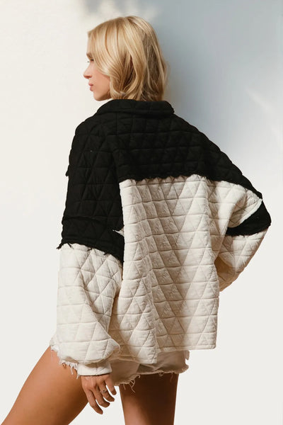 Black Contrast Long Sleeve Quilted Pullover