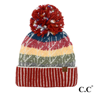 Red Cable Multi Color Block Yarn Pom Beanie