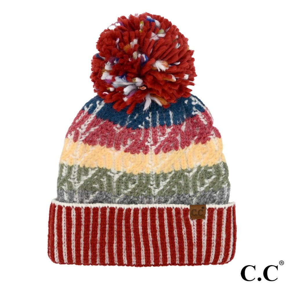 Red Cable Multi Color Block Yarn Pom Beanie