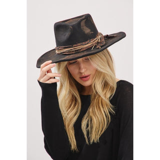 Dk Brown Rustic Cowgirl & Fedora Hat With Feather & Distressed Fabric Band