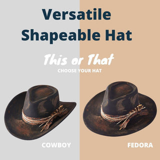 Dk Brown Rustic Cowgirl & Fedora Hat With Feather & Distressed Fabric Band