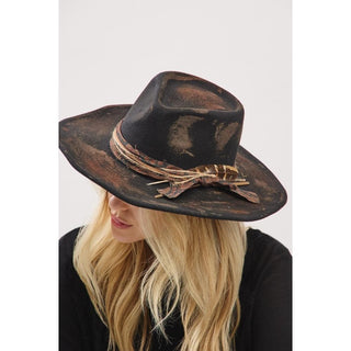 Dk Brown Rustic Cowgirl & Fedora Hat With Feather & Distressed Fabric Band