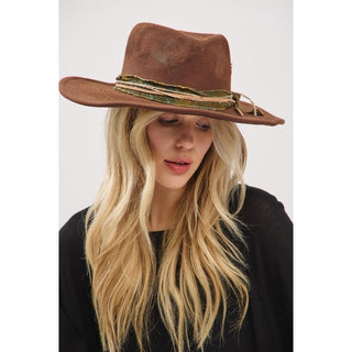 Rustic Cowgirl & Fedora Hat With Distressed Fabric & Suede Band
