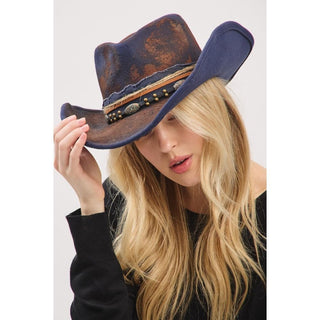Rustic Cowgirl & Fedora Hat With Distressed Fabric & Beaded Band