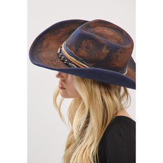 Rustic Cowgirl & Fedora Hat With Distressed Fabric & Beaded Band