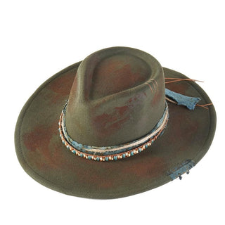 Rustic Cowgirl & Fedora Hat With Distressed Fabric & Beaded Band
