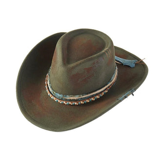 Rustic Cowgirl & Fedora Hat With Distressed Fabric & Beaded Band