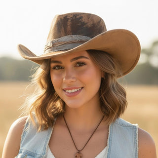 Rustic Cowgirl & Fedora Hat With Distressed Fabric Band