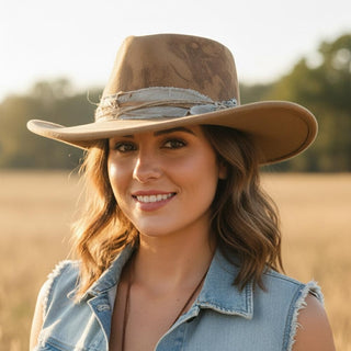 Rustic Cowgirl & Fedora Hat With Distressed Fabric Band